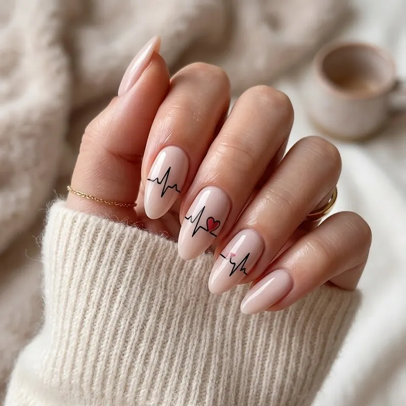 Almond-shaped nude nails featuring a black heartbeat line graphic and a small red heart for February nail ideas.