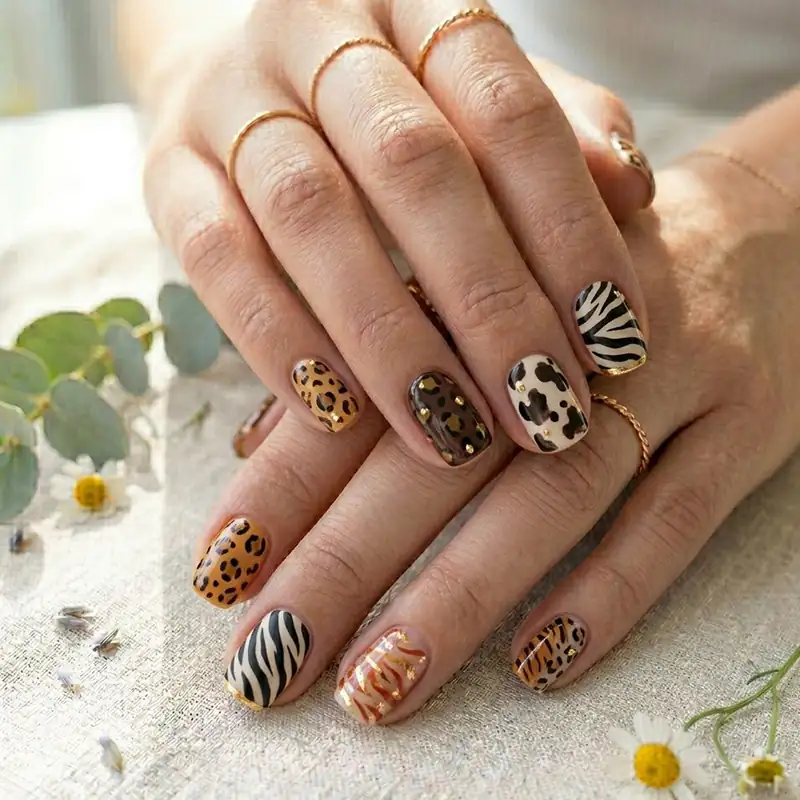 A professional close-up of a hand featuring fierce animal print March nails. The manicure showcases a mix of patterns including classic orange leopard spots, black and white zebra stripes, and cow print, all accented with subtle gold studs and metallic tips. The look is accessorized with gold rings and styled on a linen background with eucalyptus and small white flowers.
