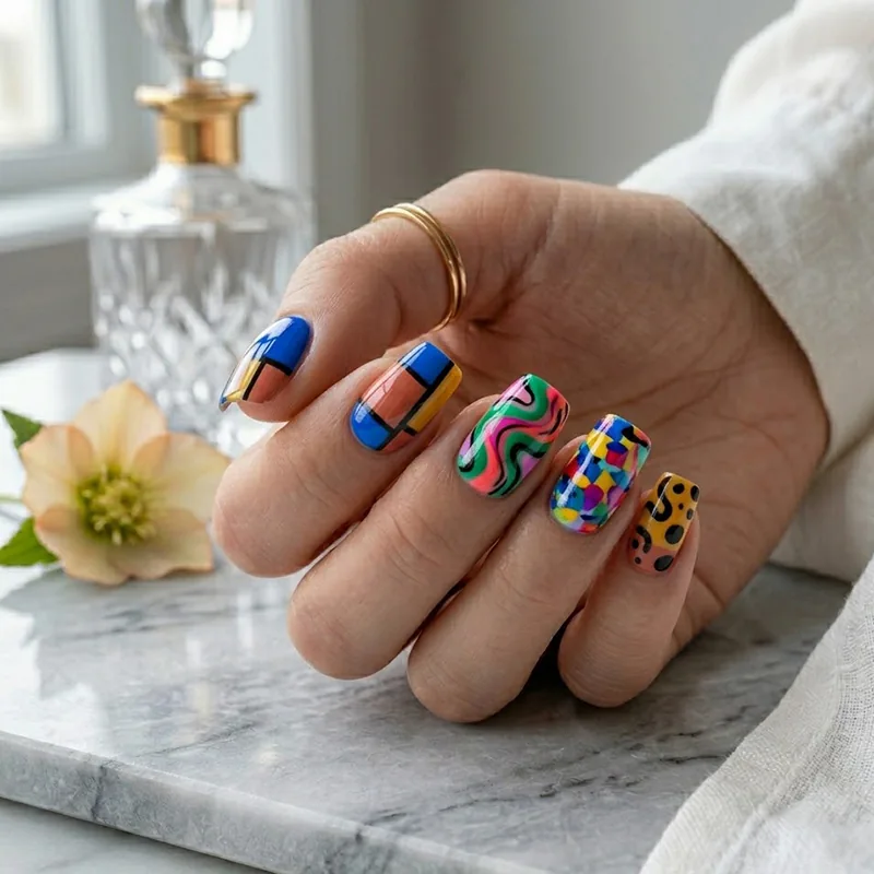 A professional close-up of a hand featuring bold, artistic March nail designs. Each nail showcases a unique, vibrant pattern including a colorful geometric grid, wavy psychedelic swirls, a multi-colored mosaic, and yellow leopard print. The manicure is styled with a gold ring against a white marble background with a soft white flower.
