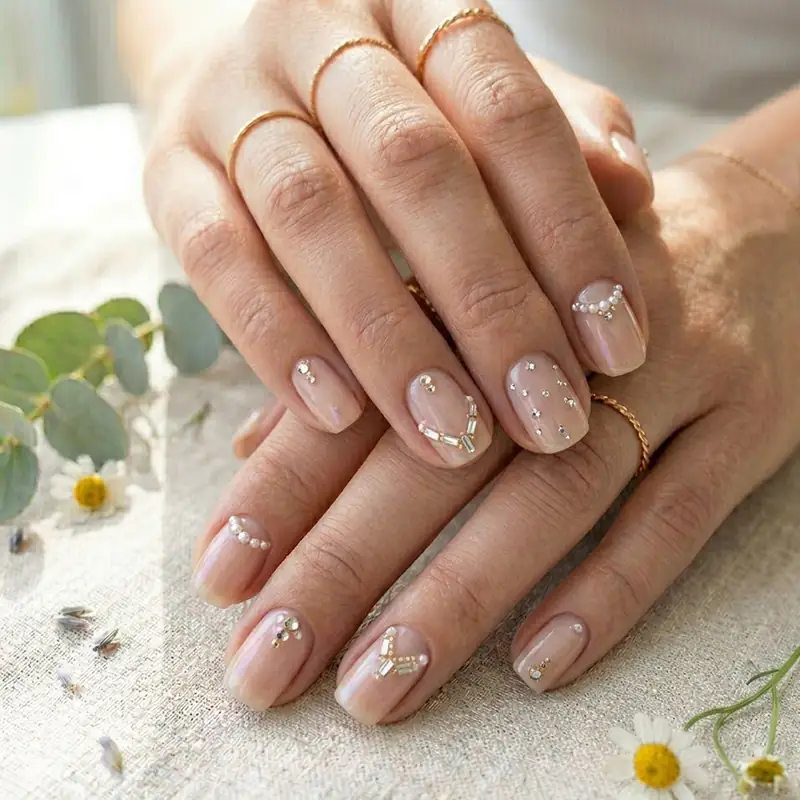 A professional close-up of a hand featuring a luxurious "Dainty Gems" manicure for March. The nails have a soft, iridescent nude base adorned with delicate arrangements of tiny white pearls and sparkling crystals in V-shapes and scattered patterns. The hands are accessorized with thin gold rings and styled against a rustic linen background with fresh eucalyptus and daisies.