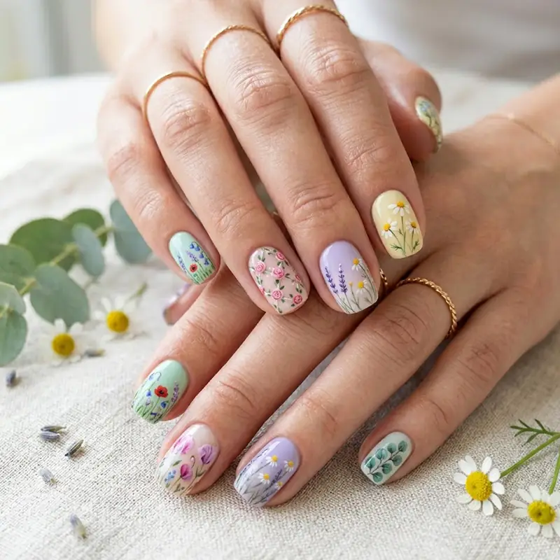 A close-up of a professional spring manicure featuring intricate floral accents. These March nails showcase various hand-painted garden designs, including delicate daisies on yellow, lavender sprigs on purple, and red poppies on mint green. The look is accessorized with thin gold rings and styled on a linen background with fresh eucalyptus and small white flowers.