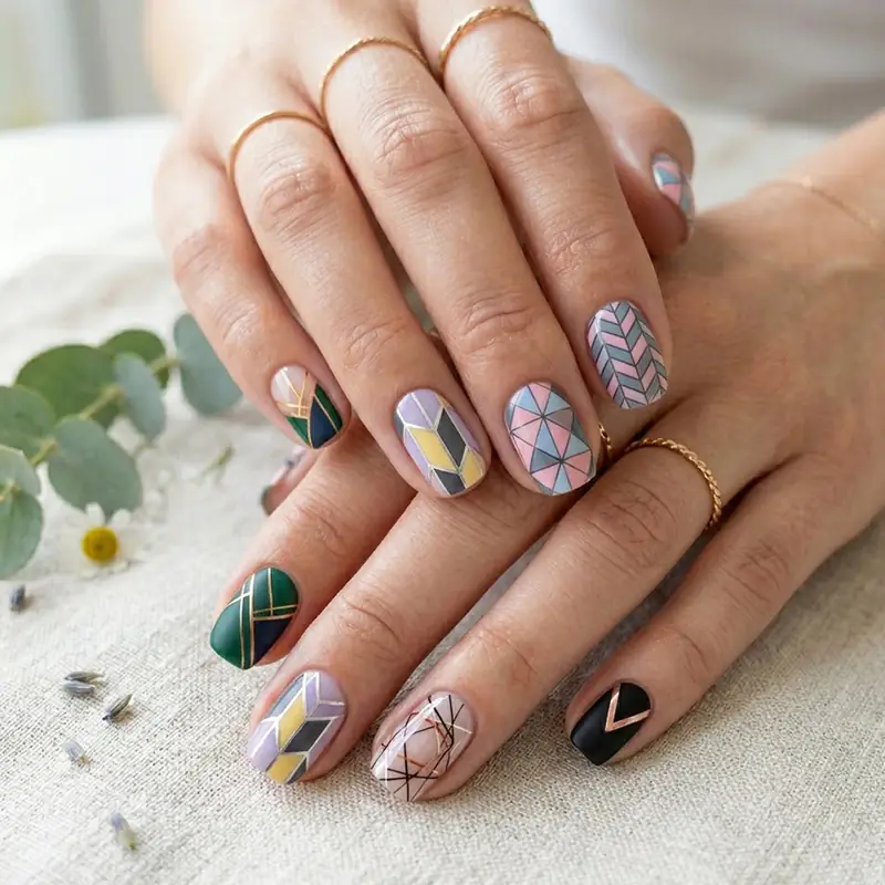 A professional close-up of hands featuring modern geometric nail art for March. The manicure showcases sharp lines, abstract triangles, and chevron patterns in emerald green, navy, pink, and yellow, enhanced with metallic gold and copper accents. The hands are styled with delicate gold rings against a rustic linen background with eucalyptus and dried lavender bits.