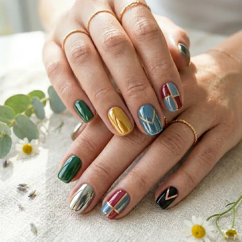 A professional close-up showing a high-gloss March manicure with a mirror-like shine. The nails feature a mix of forest green, mustard yellow, and dusty blue solid colors, alongside silver metallic accents and geometric gold lines. The reflective topcoat enhances the vibrant colors, styled with gold rings on a linen background with eucalyptus and white flowers.
