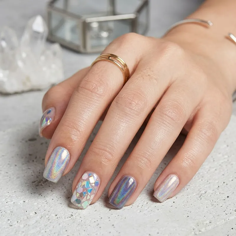 A professional close-up of a hand featuring futuristic holographic March nails. The manicure showcases an iridescent and unicorn-like shimmer with silver holographic surfaces and multi-colored iridescent chunky glitter accents on a natural base. The look is styled with thin gold rings against a modern grey stone and marble background.