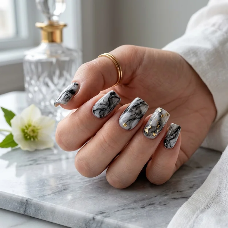 A professional close-up of a hand featuring chic marble pattern March nails. The manicure showcases swirling black, grey, and white designs on square-shaped nails, enhanced with delicate gold foil accents. The look is accessorized with gold rings and styled on a white marble surface with a glass perfume bottle and a white flower.