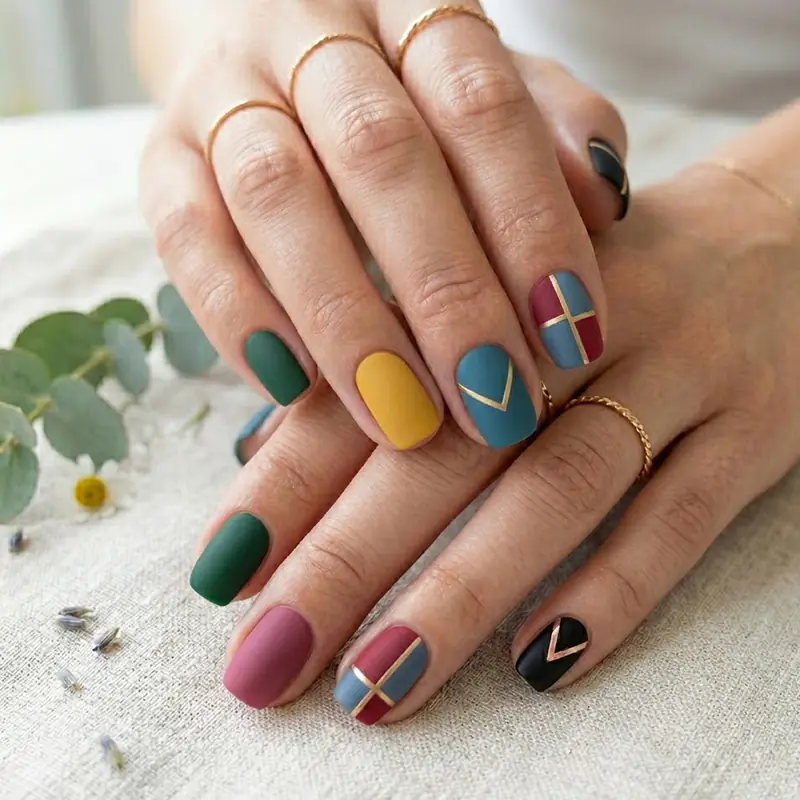 A professional close-up of a hand featuring bold March nails with a sophisticated matte finish. The manicure showcases non-glossy shades of forest green, mustard yellow, dusty blue, and deep maroon, with select nails decorated with minimalist gold geometric lines and chevrons. The look is accessorized with thin gold rings and styled against a neutral linen background with eucalyptus.