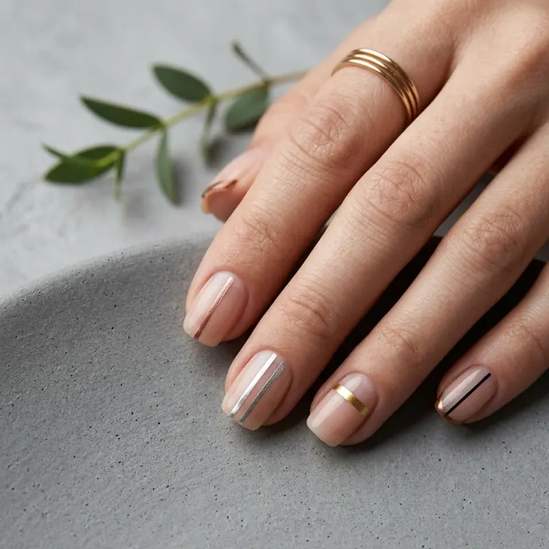 A professional close-up of a hand featuring minimalist stripe March nails. The manicure showcases a clean nude base with thin, sophisticated vertical and horizontal lines in metallic gold, silver, and black. The look is accessorized with gold rings and styled on a grey textured surface with a fresh eucalyptus sprig.