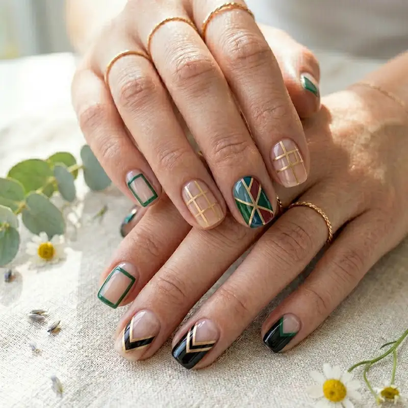 A professional close-up of a hand featuring modern negative space March nail designs. The manicure highlights the natural nail with minimalist green frames, delicate gold grid patterns, and bold black and gold chevron tips. The design is styled with thin gold rings against a rustic linen background with fresh eucalyptus and daisies.