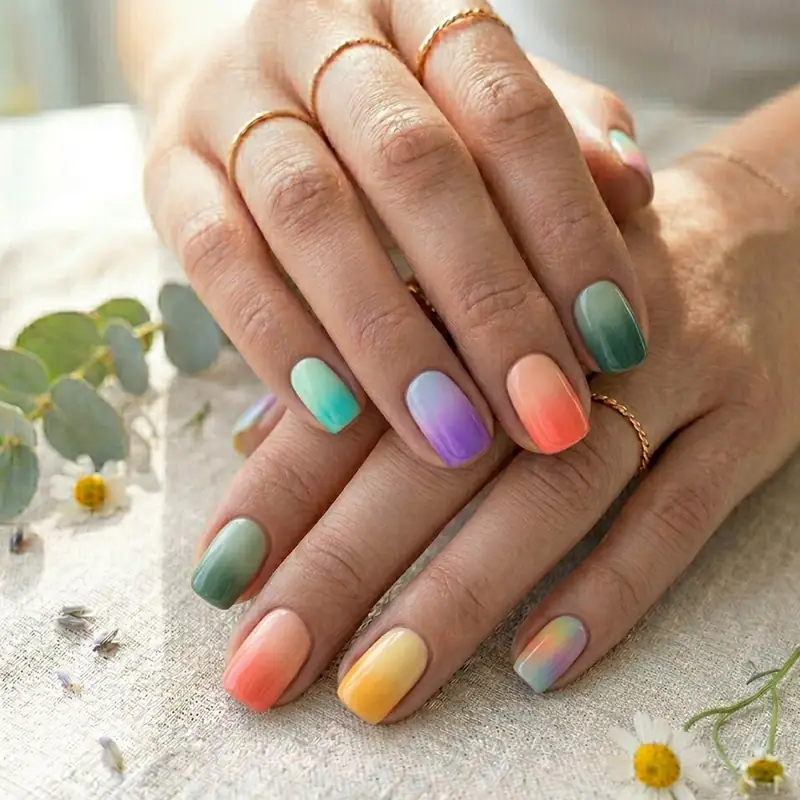 A professional close-up of a hand featuring dreamy ombré March nails. The manicure showcases seamless color gradients including mint green to white, soft purple to lilac, and vibrant orange to yellow. The look is accessorized with thin gold rings and styled against a rustic linen background with fresh eucalyptus and a small white daisy.