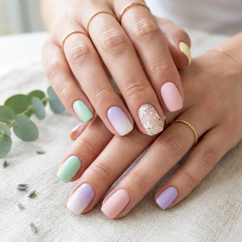 A professional close-up of a hand featuring soft pastel March nails. The manicure includes sugary shades of mint green, blush pink, and lavender, with some nails displaying a white-to-purple ombré effect and one accent nail featuring delicate hand-painted white flowers. The look is styled with thin gold rings against a rustic linen background with a sprig of eucalyptus.