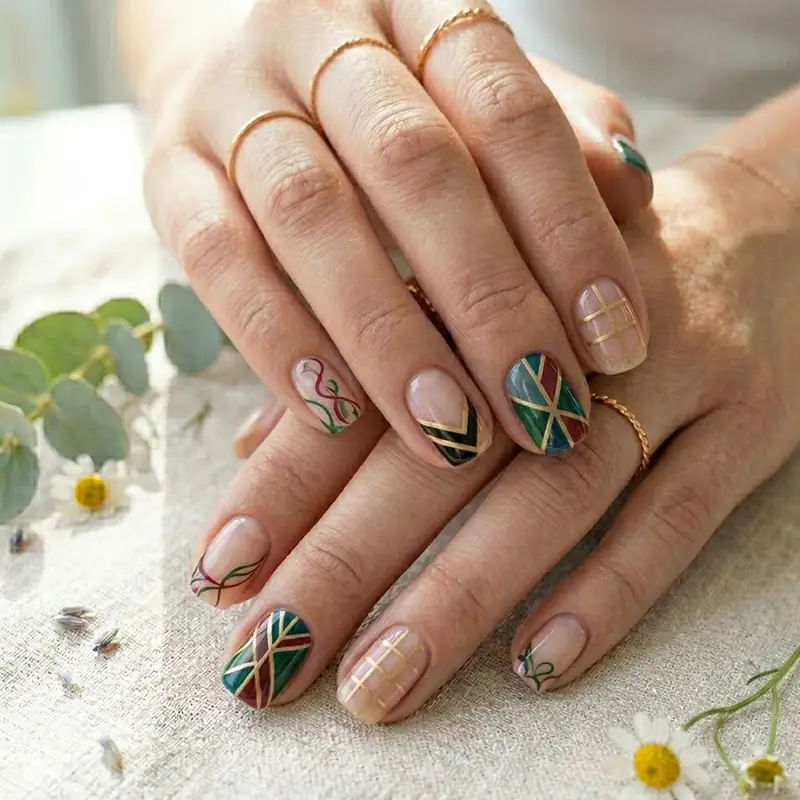 A professional close-up of a hand featuring a "French Manicure Redo" for March. The nails showcase artistic variations of the classic style, including black and gold V-shaped tips, delicate green and red swirling lines on a natural base, and one accent nail with a full geometric design in forest green and burgundy. The look is accessorized with thin gold rings and styled against a linen background with eucalyptus.