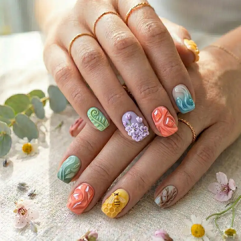 A professional close-up of a hand featuring intricate 3D sculpted March nail art. The manicure showcases various raised designs, including lavender flowers on a purple base, a yellow honeycomb pattern with a tiny bumblebee, and peach and mint green abstract textures. The look is accessorized with thin gold rings and styled against a rustic linen background with fresh eucalyptus and cherry blossom sprigs.