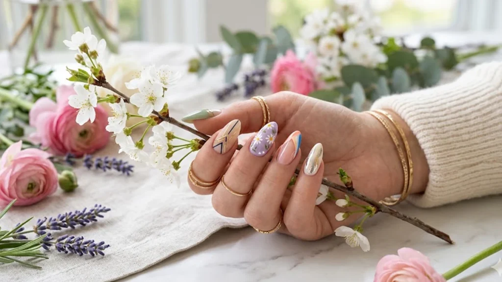 A professional high-definition featured image for a March nails blog, showcasing a hand with a sophisticated spring manicure. The almond-shaped nails feature a mix of 2026 trends, including delicate hand-painted daisies on a lilac base, soft mint green accents, and minimalist geometric lines. The hand is holding a blooming cherry blossom branch, styled with thin gold rings and set against a luxurious white marble and linen background with fresh pink ranunculus and lavender.