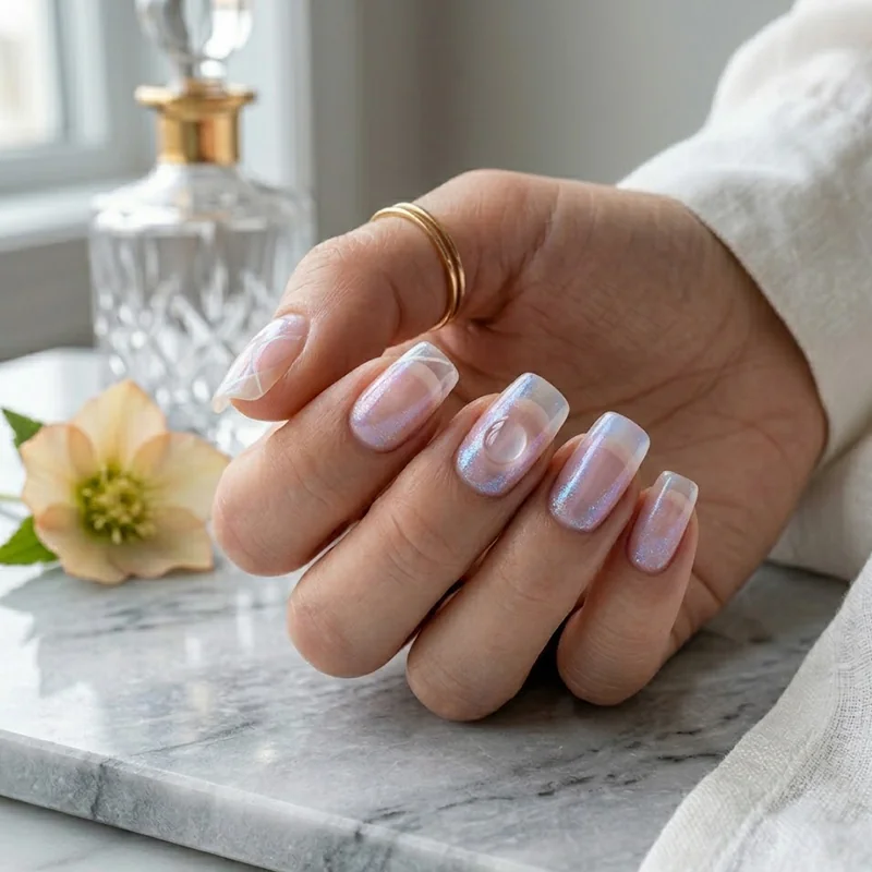 A professional close-up of a hand featuring translucent layer March nails. The manicure showcases a sheer, opal-like finish with iridescent pink and blue shifts on square-shaped nails, creating a subtle "peekaboo" effect. The look is accessorized with a thin gold ring and styled on a white marble surface with a glass perfume bottle and a white flower.
