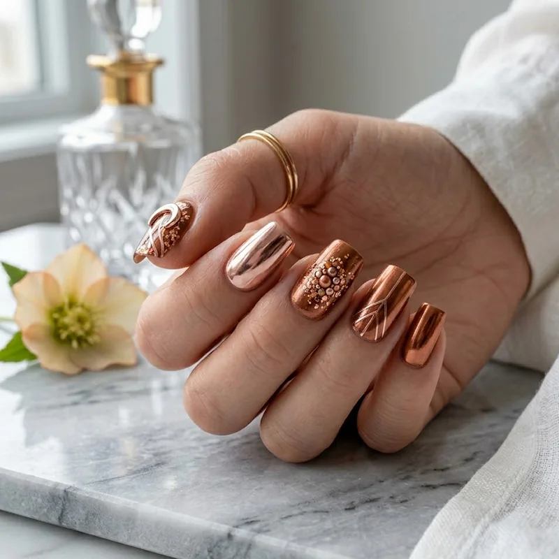 A professional close-up of a hand featuring warm metallic March nails in copper and rose gold tones. The manicure includes high-shine solid metallic finishes, intricate 3D textured accents with tiny rose gold beads, and delicate etched geometric patterns. The look is accessorized with thin gold rings and styled on a white marble surface with a crystal bottle and a soft white flower.