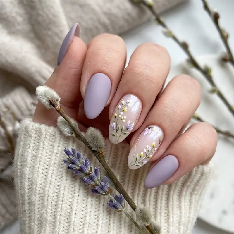 A hand displaying almond-shaped nails with soft matte lavender polish and delicate hand-painted spring flowers on sheer accent nails for February nail ideas.