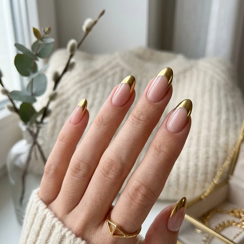 A hand displaying almond-shaped nails with a sheer nude base and striking metallic gold French tips for February nail ideas.
