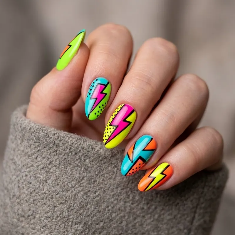 A hand displaying bright neon almond-shaped nails featuring a retro pop-art comic book design with colorful lightning bolts and black polka dots for February nail ideas.