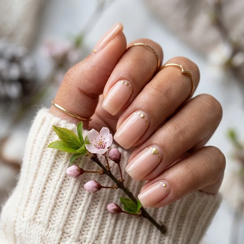 A hand holding a small pink blossom, showcasing sheer light pink nails with delicate gold dot accents along the cuticles for February nail ideas.