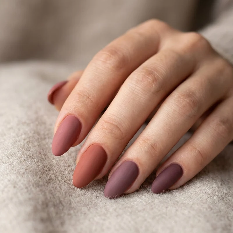 A hand wearing a warm velvet matte nail polish gradient in earthy pink, terracotta, and mauve tones for February nails ideas.
