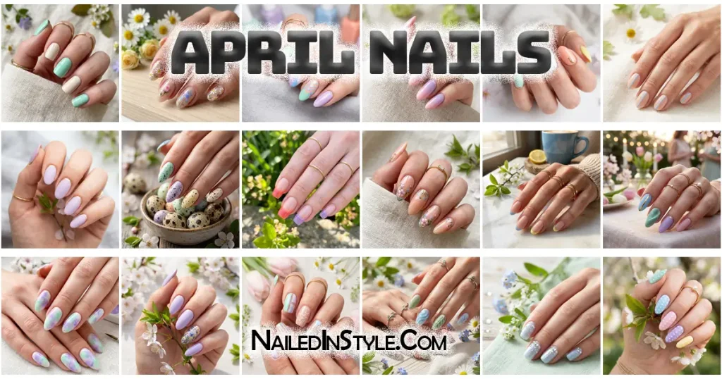 April Nails : A collage of 18 April nail art designs featuring pastel colors, spring floral patterns, and Easter-inspired motifs.