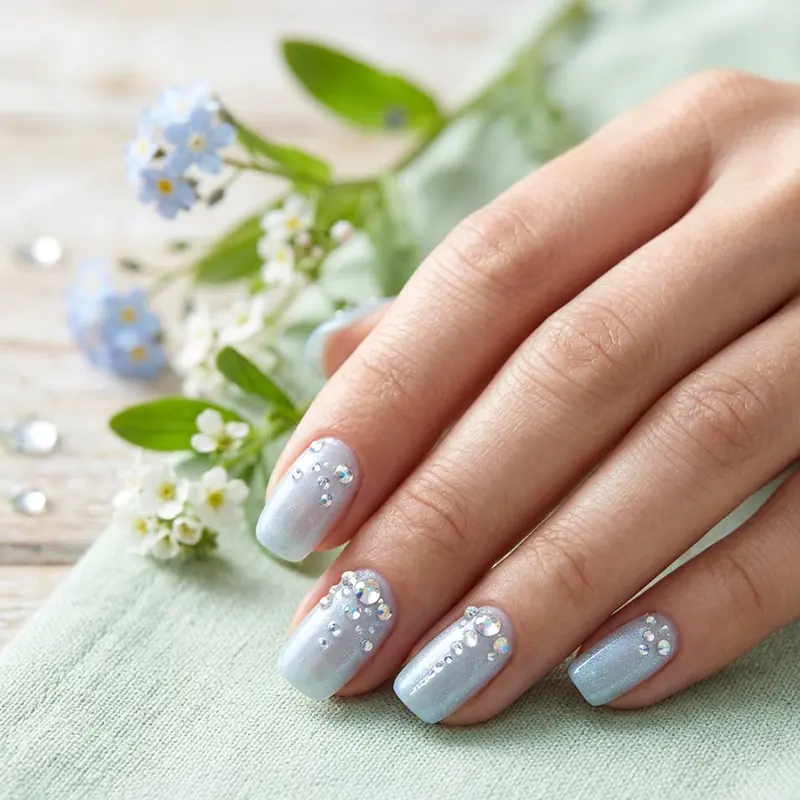 Shimmering light blue nails with small crystal dew drop accents.