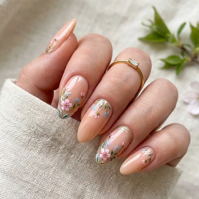 Elegant nude nails with detailed floral designs focused near the cuticles.