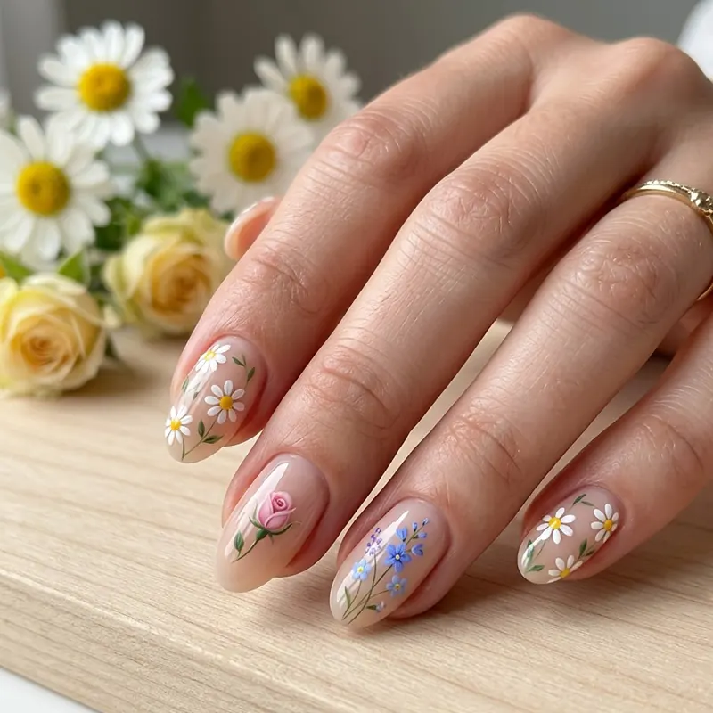 Minimalist nude nails with tiny daisy and pink rose floral accents.