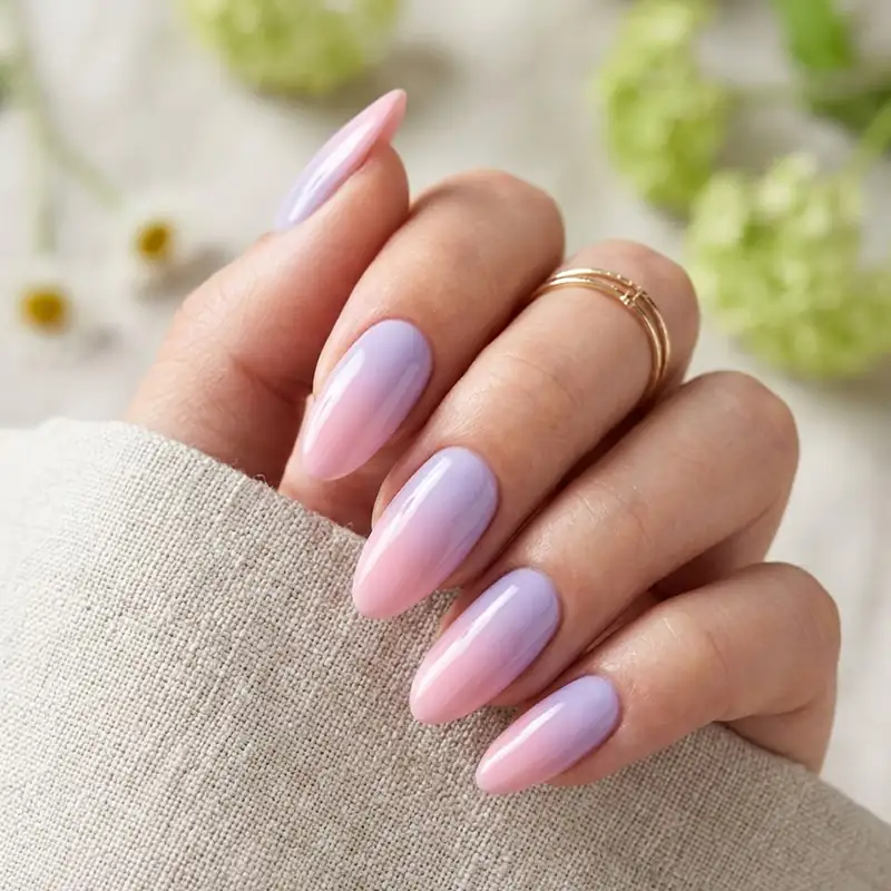 High-gloss pink and purple ombre nails for a spring transition.