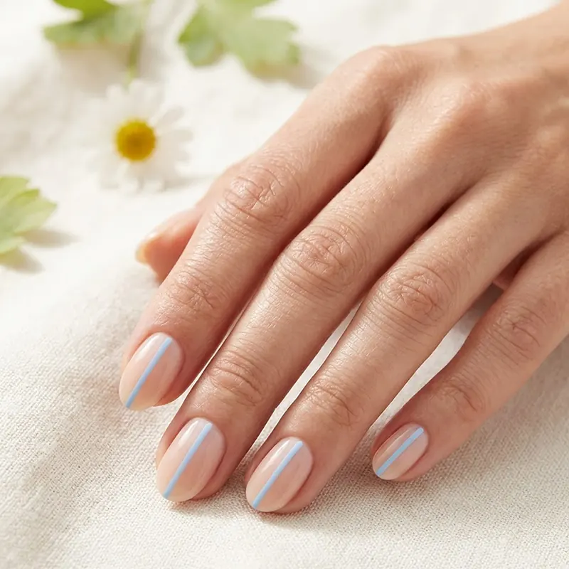 Minimalist nude nails with a single sky blue vertical line.