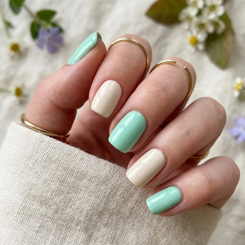 April Nails : A professional manicure featuring mint green and cream pastel nails for April.