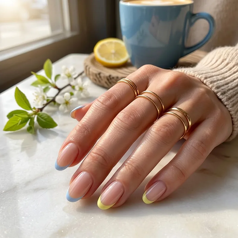 Modern French manicure with pale blue and lemon yellow tips.