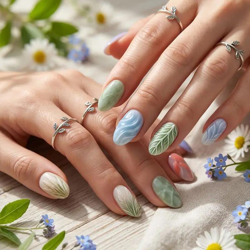 Organic 3D nail art featuring leaf veins and wave textures.