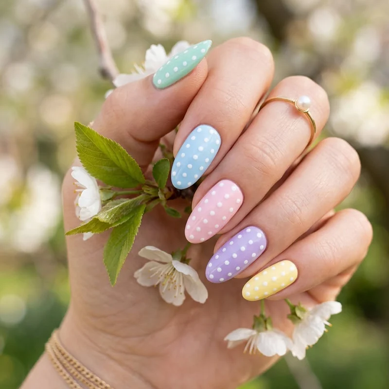 Whimsical white polkadots over a variety of pastel-colored nails.