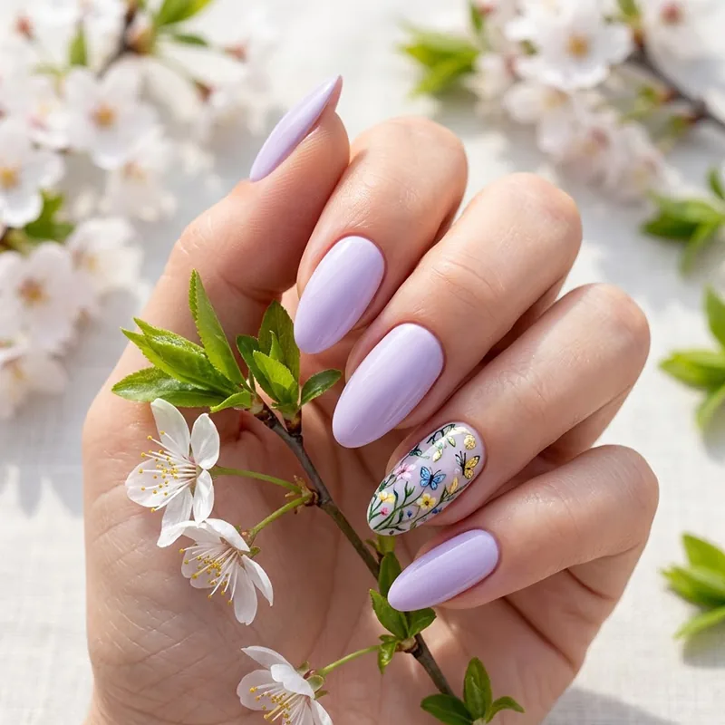 Soft purple nails with a single intricate floral and butterfly statement nail.