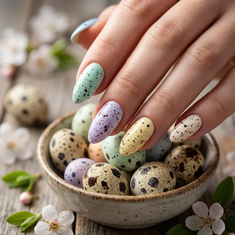 Quail egg inspired speckled nail art in various pastel colors.