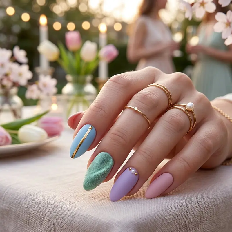 Multi-textured manicure featuring matte and velvet green and purple nails.