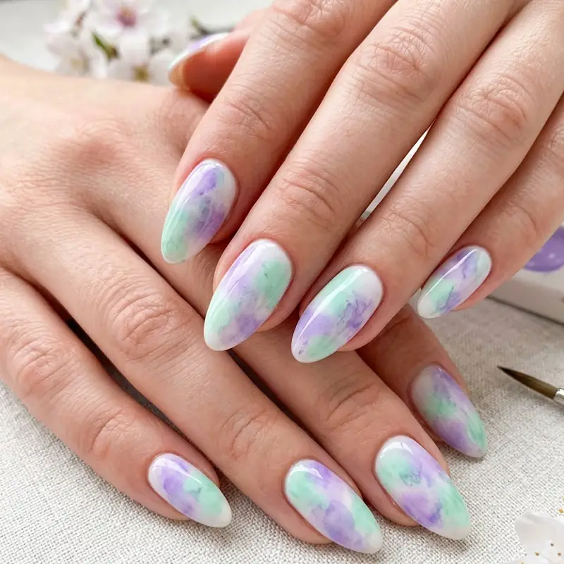 Dreamy watercolor nail art blending lavender and mint green.