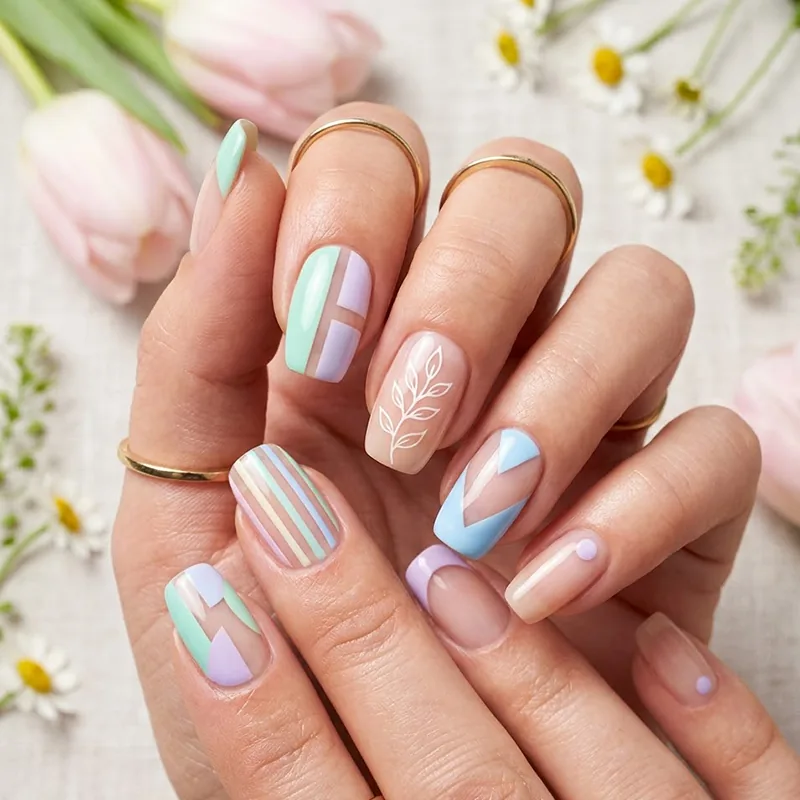 Minimalist negative space nails with pastel geometric blocks.