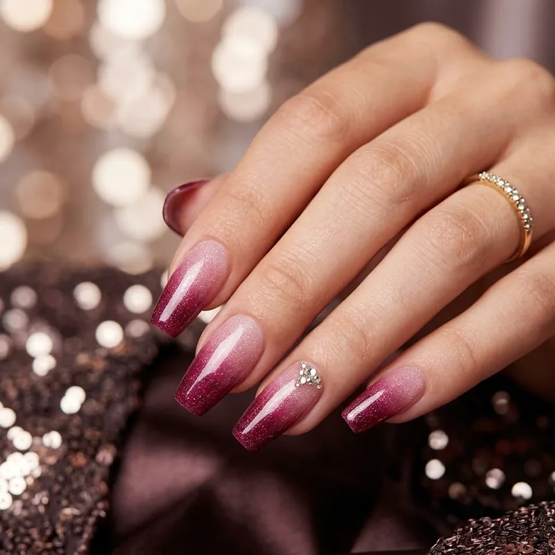 Prom Nails: Your Ultimate Guide to Stunning Styles and Techniques 2026 2 Close-up of long coffin-shaped prom nails featuring a glittery ombre elegance design transitioning from light pink to deep berry burgundy with a rhinestone accent.