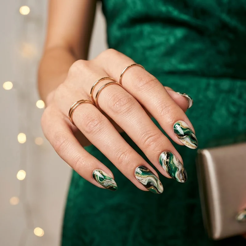 Prom Nails: Your Ultimate Guide to Stunning Styles and Techniques 2026 17 A professional close-up of almond-shaped prom nails featuring an elegant emerald green, black, and white marble swirl design with fine gold glitter veins. The manicured hand wears minimalist gold rings and holds a champagne metallic clutch against a textured green velvet dress and warm bokeh lights.