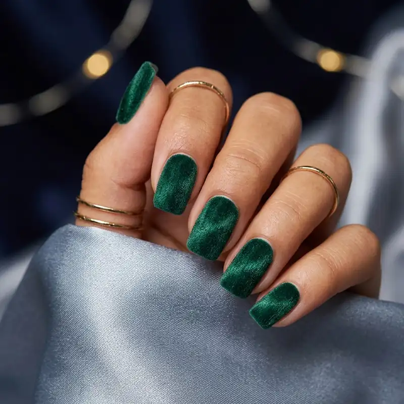 Prom Nails: Your Ultimate Guide to Stunning Styles and Techniques 2026 10 A professional close-up of emerald green velvet-textured prom nails featuring a plush, fuzzy finish and gold rings, resting against a soft silver-grey satin fabric background.