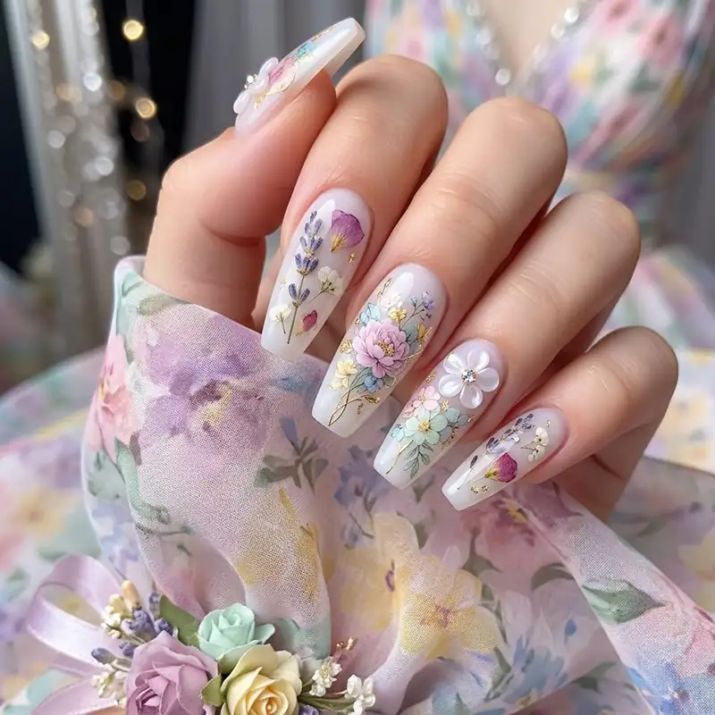 Prom Nails: Your Ultimate Guide to Stunning Styles and Techniques 2026 3 Long coffin-shaped prom nails featuring intricate floral appliqués with 3D white blossoms, dried lavender petals, and pastel flower decals on a milky white base.