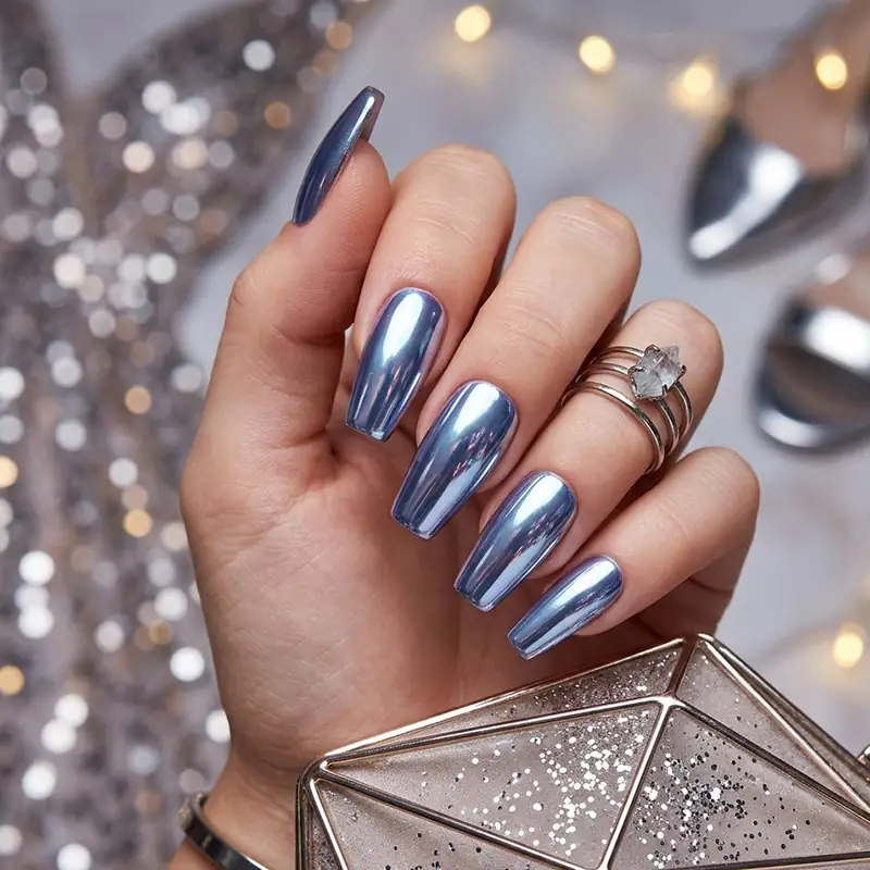 Prom Nails: Your Ultimate Guide to Stunning Styles and Techniques 2026 5 A close-up of long, coffin-shaped prom nails featuring a high-shine metallic blue chrome finish, accessorized with silver rings and a geometric glitter clutch against a bokeh background of lights and silver heels.