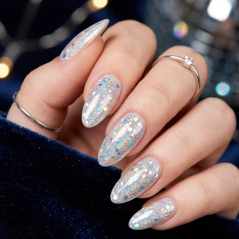 Prom Nails: Your Ultimate Guide to Stunning Styles and Techniques 2026 8 A close-up of elegant almond-shaped prom nails featuring silver holographic glitter with vibrant multi-colored reflections, set against a luxurious blue velvet background with soft bokeh lighting.