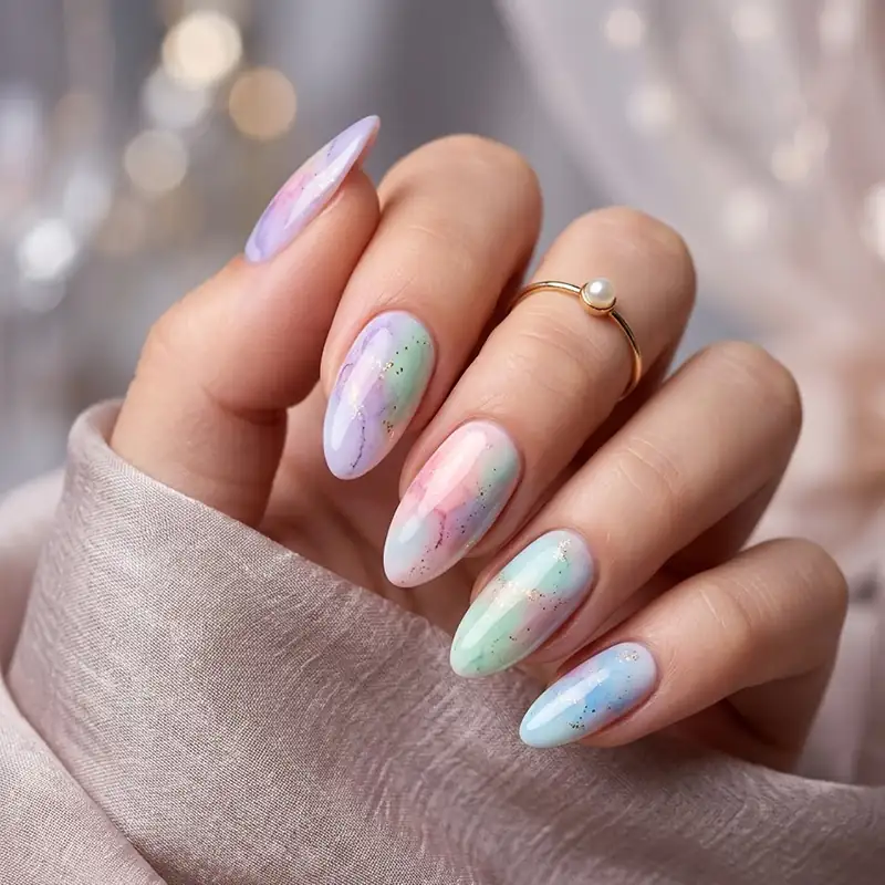 Prom Nails: Your Ultimate Guide to Stunning Styles and Techniques 2026 16 A close-up of elegant almond-shaped prom nails featuring soft, blended pastel watercolor washes in shades of lavender, pink, mint green, and baby blue with delicate gold foil accents, set against a draped mauve fabric.