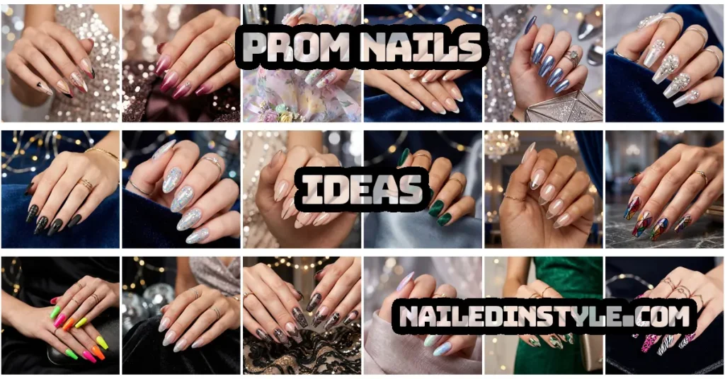 Prom Nails: Your Ultimate Guide to Stunning Styles and Techniques 2026 2 High end collage showcasing luxury manicure trends including holographic sparkles, emerald velvet textures, and intricate lace.