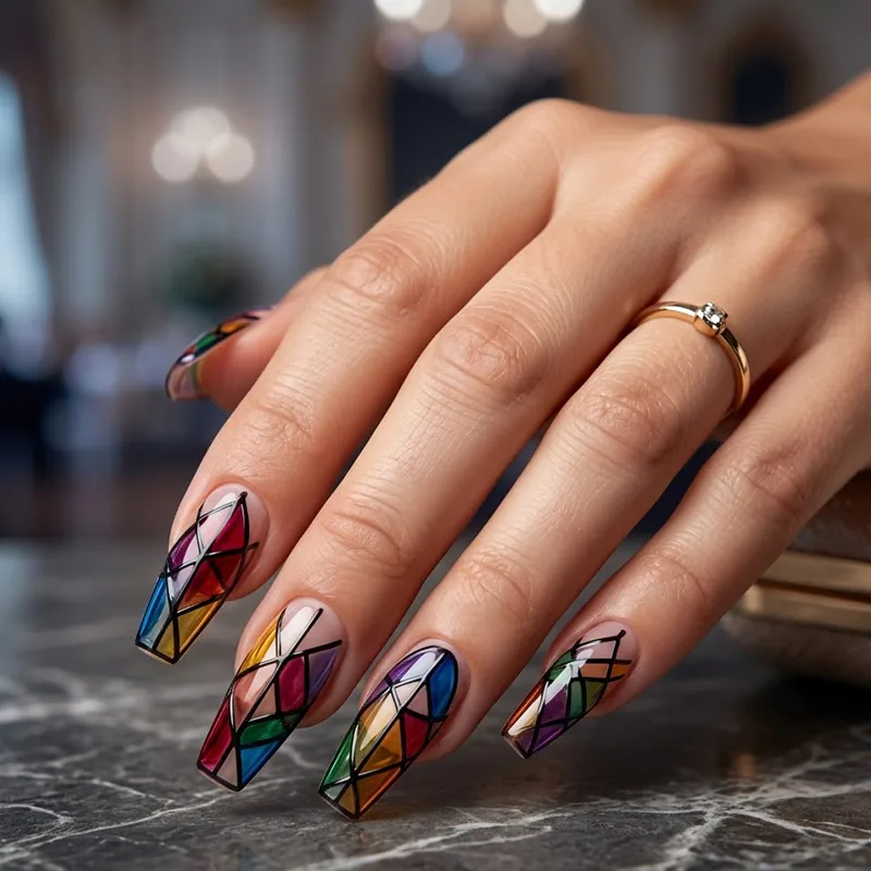 Prom Nails: Your Ultimate Guide to Stunning Styles and Techniques 2026 12 A professional close-up of long coffin-shaped prom nails featuring a vibrant stained glass illusion with translucent jelly gels in red, blue, green, and yellow, outlined in bold black geometric lines.