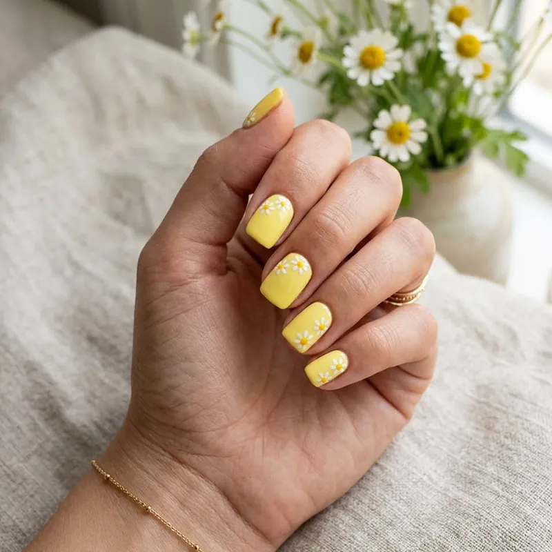 Professional shot of short square nails painted bright lemon yellow with hand-painted daisy accents, illustrating a cheerful preppy summer nails design.