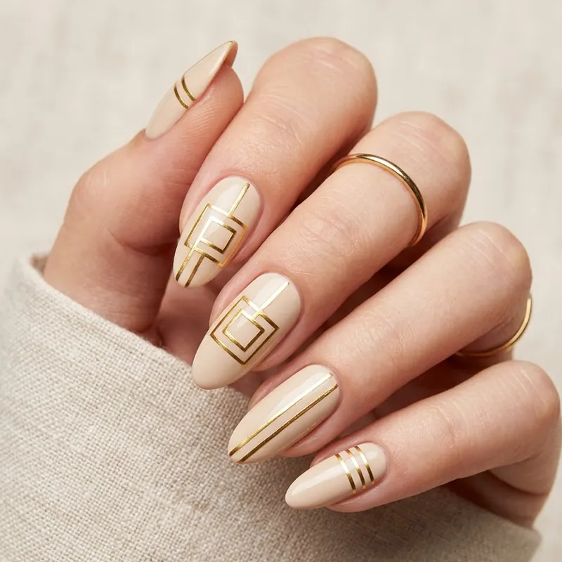 A professional close-up photograph of elegant medium almond nails featuring a creamy beige base with clean, thin metallic gold geometric lines and shapes, accessorized with simple gold band rings.